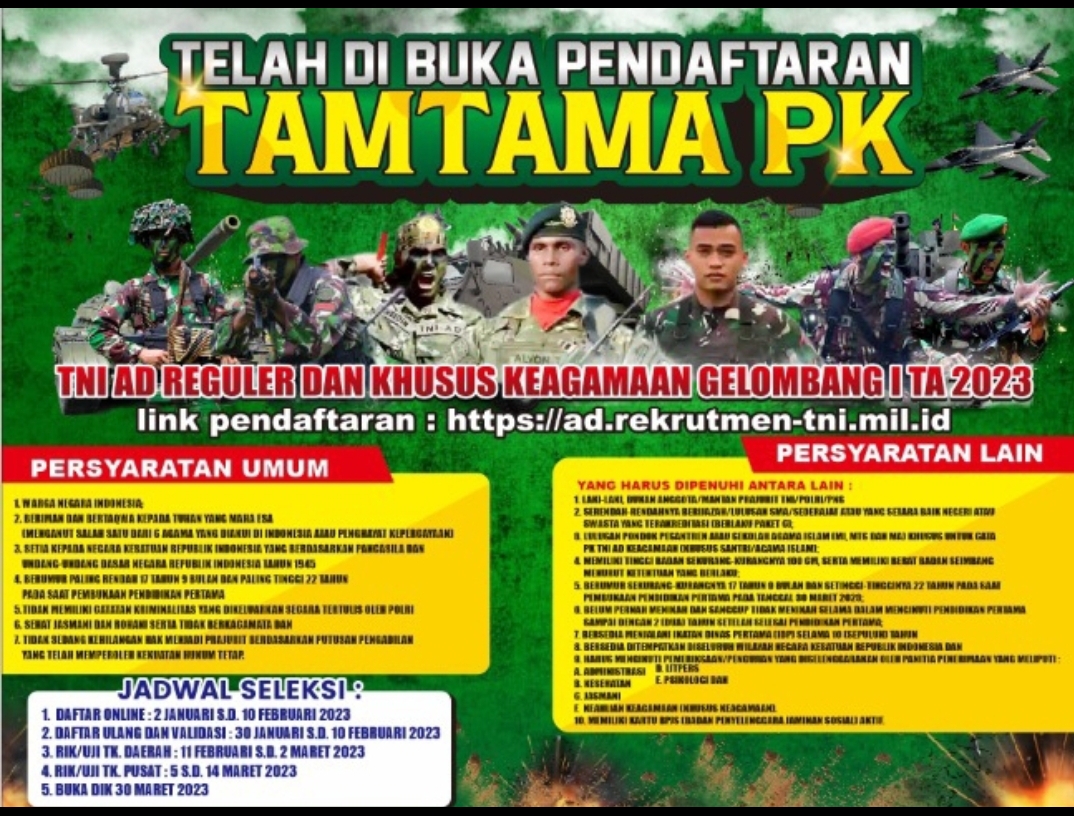 PENDAFTARAN TAMTAMA PK TNI AD REG DAN KHUSUS KEAGAMAAN GEL. I TA. 2023